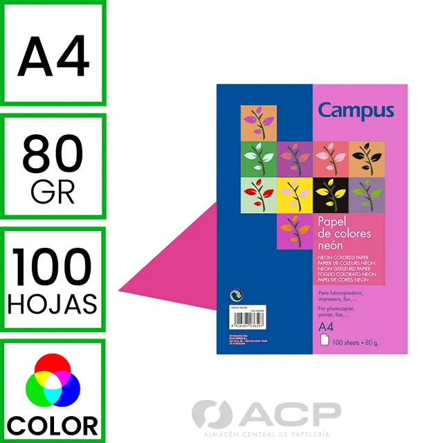 PAPEL A4 80GR CAMPUS ROSA NEON 100H