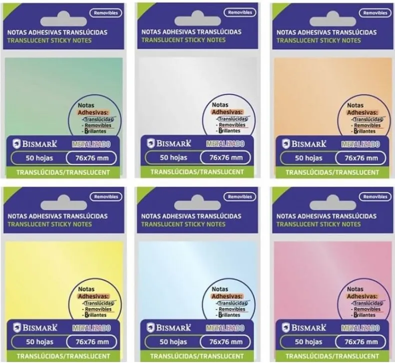 TACO AHESIVOS TRANSLUCIDOS METALIZADOS 76X76