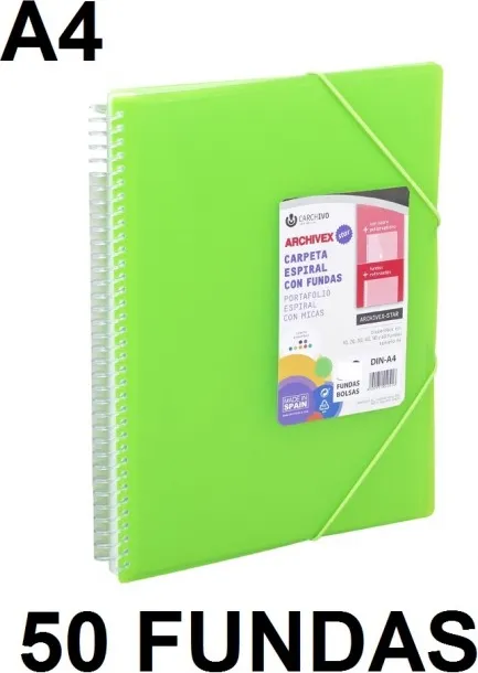 CARPETA 50 FUNDAS A4 ESPIRAL ARCHIVEX STAR VERDE CLARO