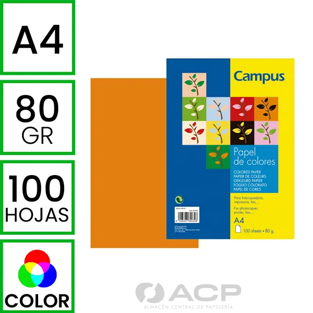 PAPEL A4 80GR CAMPUS NARANJA 100H