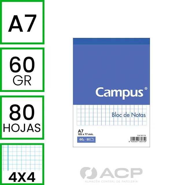 BLOC NOTAS MICROPERFORADO A7 80H 60G CUADRO4X4