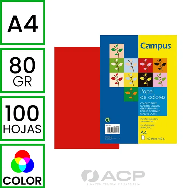 PAPEL A4 80GR CAMPUS ROJO 100H