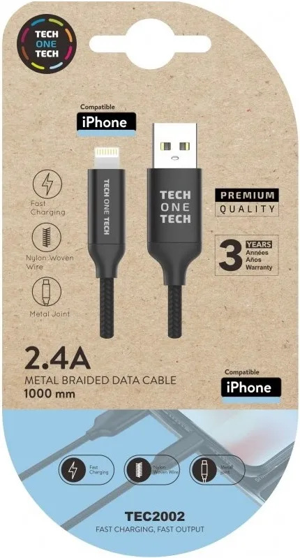 Cable Negro Braided Nylon (Usb-A A Lightning/Apple), Tech One Tech Alto Rendimiento 1M 2A
