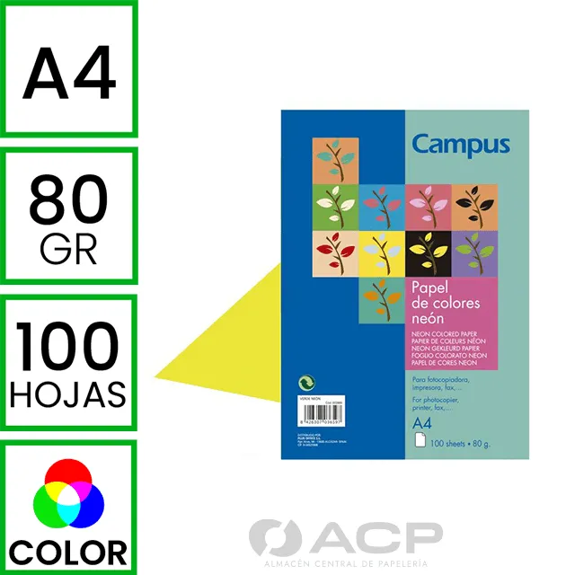 PAPEL A4 80GR CAMPUS AMARILLO NEON 100H