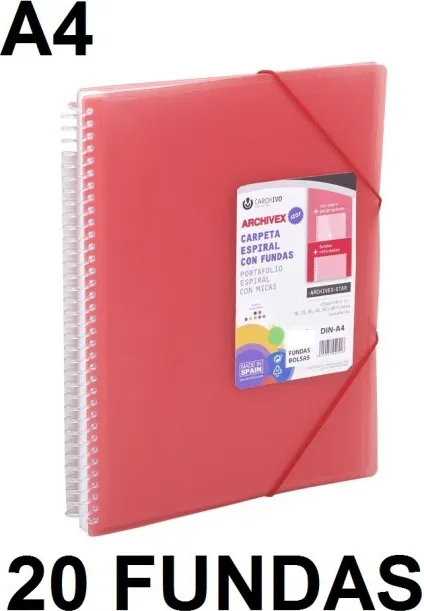 CARPETA 20 FUNDAS A4 ESPIRAL ARCHIVEX STAR ROJO