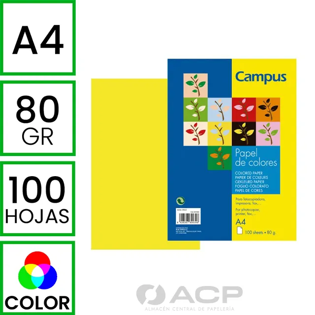 PAPEL A4 80GR CAMPUS AMARILLO 100H